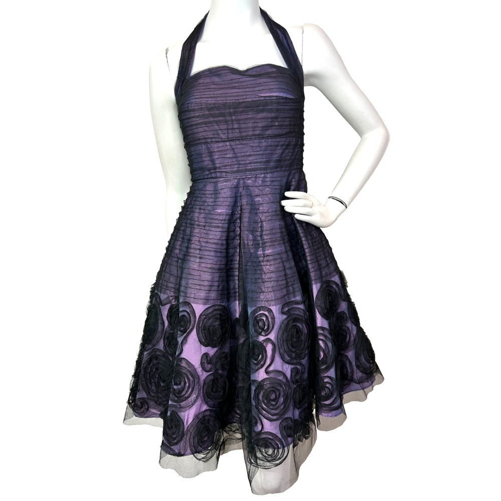 Jessica Simpson Whimsigoth Tulle Halter Dress 6 S Purple Black Rosette Cocktail